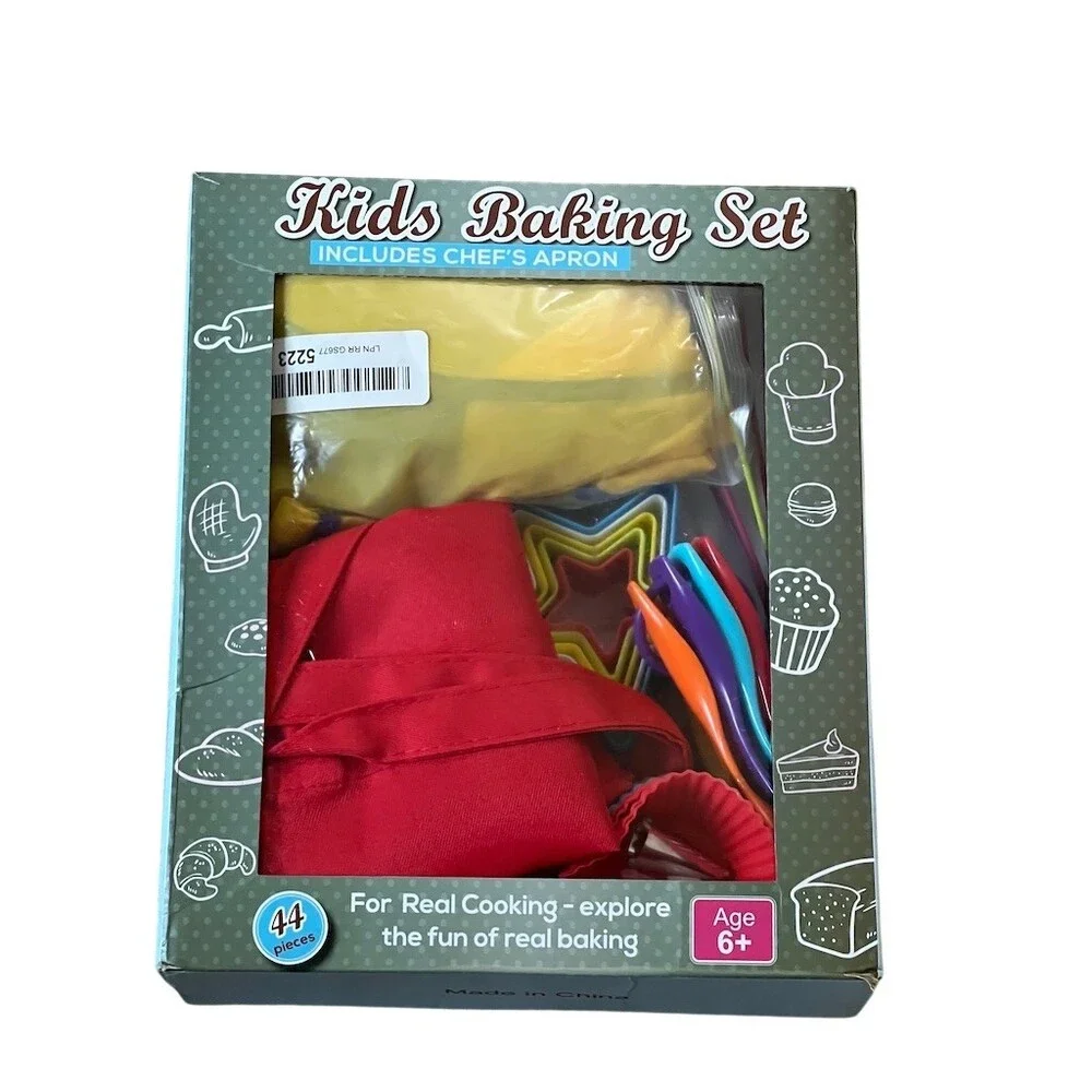 Kids Baking & Cooking Pretend Play Set Red Apron Chef Hat Whisk & Tools